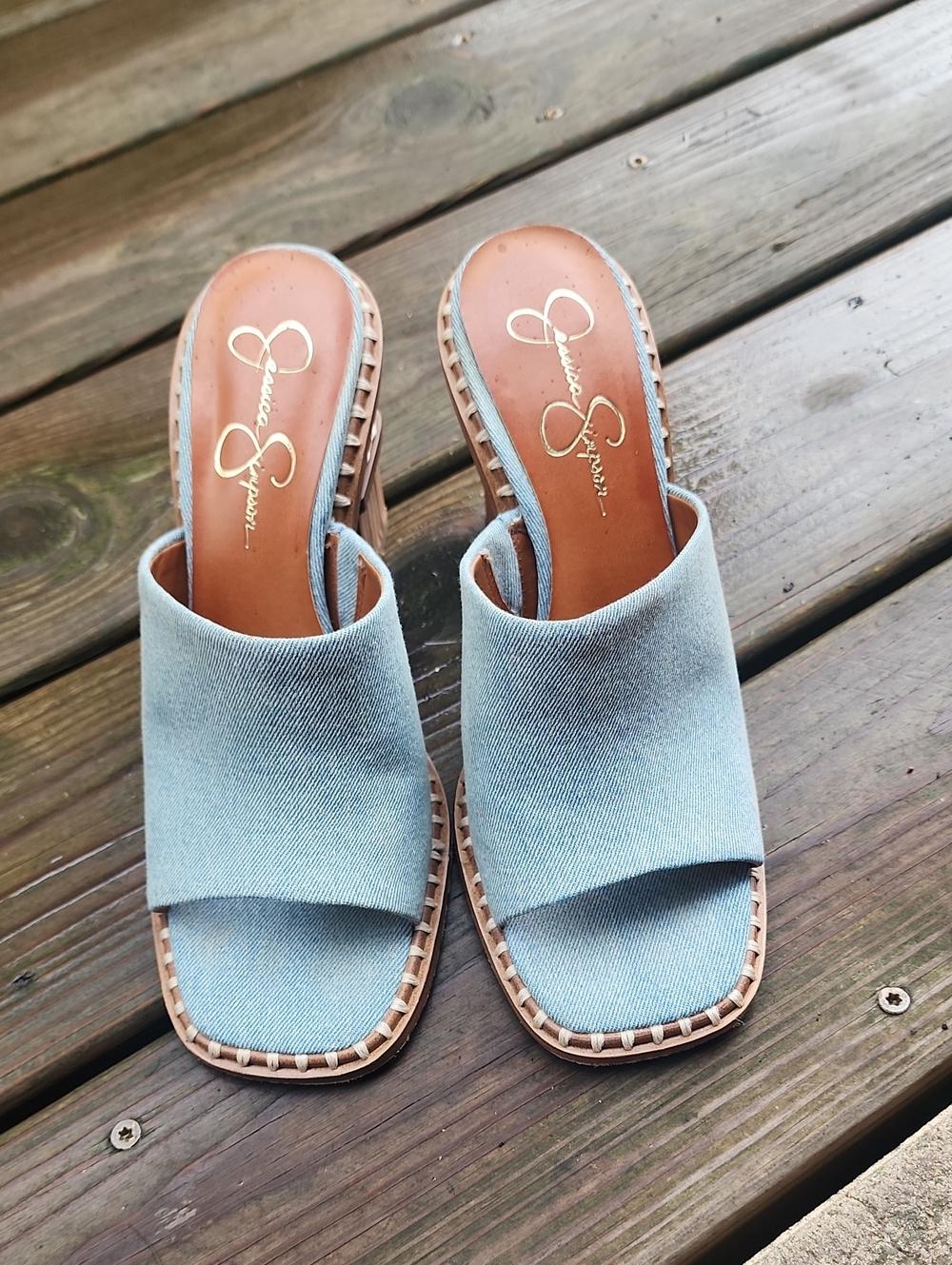 Jessica Simpson Lendrila high-heel mules denim-blue fabric, Block Heel